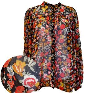 MNG Mango Black Orange Yellow Floral Sheer Blouse Sz 8 Button-Up Top Fairycore
